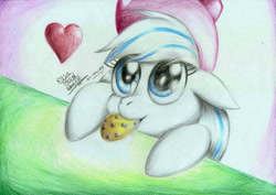 Size: 2328x1644 | Tagged: safe, artist:3500joel, imported from derpibooru, oc, oc only, oc:rosa moon, pony, cookie, cute, female, food, heart, solo, traditional art