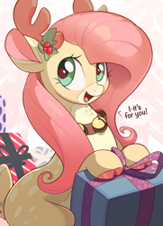 Size: 2000x2768 | Tagged: safe, artist:nookprint, imported from derpibooru, fluttershy, deer, reindeer, antlers, aside glance, bell, bell collar, chest fluff, christmas, cloven hooves, coat markings, collar, cute, facial markings, female, flutterdeer, gift giving, high res, holiday, holly, looking at you, open mouth, open smile, pale belly, present, reindeer antlers, reindeerified, shyabetes, sitting, smiling, snip (coat marking), solo, species swap, speech bubble, talking to viewer, three quarter view