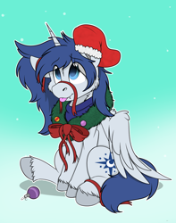 Size: 1744x2208 | Tagged: safe, artist:rokosmith26, imported from derpibooru, oc, oc only, oc:prince nova, alicorn, pony, alicorn oc, bow, cheek fluff, chest fluff, christmas, christmas stocking, christmas wreath, commission, fangs, floppy ears, gradient background, holiday, horn, looking up, male, one ear down, raised hoof, ribbon, shadow, simple background, sitting, smiling, solo, stallion, sweat, sweatdrop, tail, tongue out, unshorn fetlocks, wings, wreath, ych result