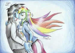 Size: 2339x1654 | Tagged: safe, artist:3500joel, imported from derpibooru, rainbow dash, oc, oc:finger sound, pony, equestria girls, canon x oc, clothes, duo, equestria girls oc, eyes closed, female, kissing, male, straight, traditional art
