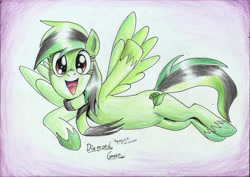 Size: 2337x1656 | Tagged: safe, artist:3500joel, imported from derpibooru, oc, oc only, oc:diamond green, pegasus, pony, female, looking at you, open mouth, pegasus oc, solo, traditional art, waving