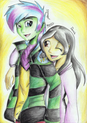 Size: 1654x2329 | Tagged: safe, artist:3500joel, imported from derpibooru, oc, oc only, oc:danielita, oc:stormlight, equestria girls, clothes, duo, equestria girls oc, female, hug, one eye closed, open mouth, traditional art