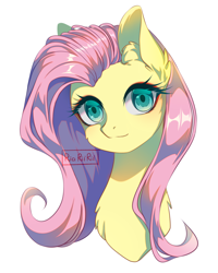Size: 1600x2000 | Tagged: safe, artist:riariirii2, imported from derpibooru, fluttershy, pony, bust, chest fluff, ear fluff, female, looking at you, mare, portrait, simple background, smiling, solo, white background