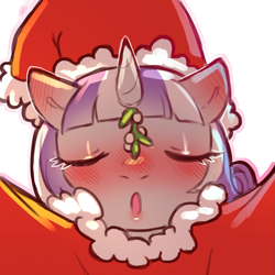 Size: 1159x1159 | Tagged: safe, artist:cold-blooded-twilight, imported from derpibooru, twilight velvet, pony, unicorn, blushing, blushing profusely, christmas, clothes, costume, ear blush, eyes closed, female, hat, holiday, kissing, kissy face, mistletoe, santa costume, santa hat, simple background, solo, transparent background