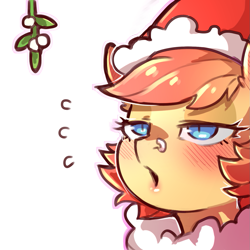 Size: 1159x1159 | Tagged: safe, artist:cold-blooded-twilight, imported from derpibooru, oc, oc:jellybean, bat pony, pony, bedroom eyes, christmas, clothes, costume, eyeshadow, female, holiday, kissy face, lipstick, makeup, mistletoe, nose piercing, nose ring, piercing, santa costume, simple background, slit pupils, solo, sweat, transparent background