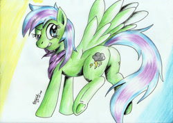 Size: 2335x1655 | Tagged: safe, artist:3500joel, imported from derpibooru, oc, oc only, oc:stormlight, pegasus, pony, butt, female, grin, looking back, pegasus oc, plot, smiling, solo, traditional art
