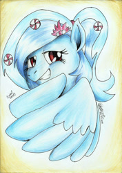 Size: 1658x2336 | Tagged: safe, artist:3500joel, imported from derpibooru, oc, oc only, oc:sweet candy, pegasus, pony, female, grin, hair ornament, pegasus oc, smiling, solo