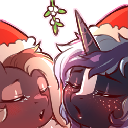 Size: 1159x1159 | Tagged: safe, artist:cold-blooded-twilight, imported from derpibooru, oc, oc:efflorescence, oc:witching hour, pony, unicorn, blushing, christmas, duo, eyes closed, eyeshadow, face to face, freckles, hat, holiday, kissy face, makeup, mistletoe, santa hat, simple background, transparent background, witchessence