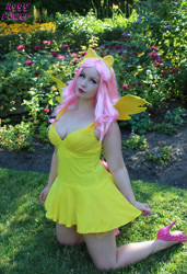 Size: 500x730 | Tagged: safe, imported from derpibooru, fluttershy, human, bare shoulders, breasts, cleavage, clothes, cosplay, costume, irl, irl human, photo, sleeveless