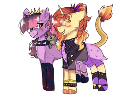 Size: 1000x800 | Tagged: safe, artist:valkiria, imported from derpibooru, oc, oc only, oc:allegro shine, oc:clawdeen, ferret, half-siren, hengstwolf, pony, werewolf, anklet, blood, blushing, boots, bracelet, choker, clothes, corset, disguise, disguised siren, duo, eyes closed, fangs, female, freckles, gloves, grin, hairband, interspecies offspring, jacket, jewelry, leather jacket, magical lesbian spawn, mare, markings, offspring, parent:adagio dazzle, parent:sunset shimmer, parents:sunsagio, shoes, simple background, skirt, smiling, spiked choker, transparent background