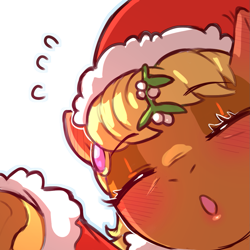 Size: 1159x1159 | Tagged: safe, artist:cold-blooded-twilight, imported from derpibooru, ms. harshwhinny, earth pony, pony, blushing, christmas, close-up, clothes, costume, ear blush, ear piercing, earring, eyes closed, eyeshadow, female, hat, holiday, jewelry, kissy face, lipstick, makeup, mistletoe, piercing, santa costume, santa hat, simple background, solo, sweat, transparent background, underhoof