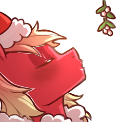 Size: 1159x1159 | Tagged: safe, artist:cold-blooded-twilight, imported from derpibooru, big macintosh, earth pony, pony, blushing, christmas, clothes, costume, eyes closed, hat, holiday, kissing, kissy face, male, mistletoe, santa costume, santa hat, side view, simple background, solo, stallion, transparent background