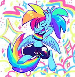 Size: 1975x2004 | Tagged: safe, artist:creepincrawl, imported from derpibooru, rainbow dash, anthro, digitigrade anthro, pegasus, semi-anthro, arm behind head, bare arms, belly button, clothes, ear piercing, earring, eye clipping through hair, eyebrows, eyebrows visible through hair, fangs, female, hooves, jewelry, mare, midriff, multicolored tail, one eye closed, pants, piercing, ponytail, solo, sports bra, spread wings, sweatpants, tail, wings