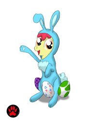 Size: 1500x1999 | Tagged: safe, artist:darkprinceismyname, imported from derpibooru, apple bloom, earth pony, pony, animal costume, bunny bloom, bunny costume, clothes, costume, easter, easter egg, holiday, simple background, solo, white background