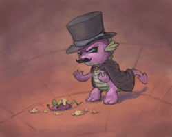 Size: 994x794 | Tagged: safe, artist:adeptus-monitus, imported from derpibooru, spike, dragon, owl's well that ends well, cape, cloak, clothes, dastardly spike, dastardly whiplash, fake moustache, hat, plushie, scene interpretation, solo, top hat