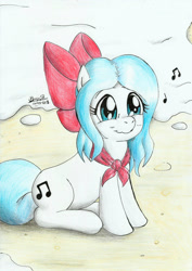 Size: 1645x2324 | Tagged: safe, artist:3500joel, imported from derpibooru, oc, oc only, oc:galleta, earth pony, pony, bow, cute, daaaaaaaaaaaw, earth pony oc, female, hair bow, music notes, ocbetes, solo, traditional art, whistling