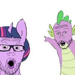 Size: 792x792 | Tagged: safe, artist:tjpones edits, edit, imported from derpibooru, spike, twilight sparkle, anthro, :o, beard, cursed image, facial hair, glasses, meme, open mouth, pointing, ponyville, scene interpretation, simple background, soyjak, transparent background, wojak