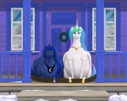 Size: 1500x1200 | Tagged: safe, artist:soobel, imported from derpibooru, princess celestia, princess luna, alicorn, pony, christmas wreath, chubbylestia, crown, duo, ethereal mane, fat, female, jewelry, mare, not salmon, obese, princess moonpig, regalia, sad, snow, starry mane, wat, wreath