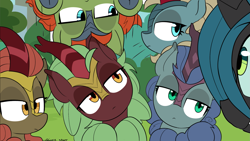 Size: 2167x1219 | Tagged: safe, artist:icey, artist:iscord, edit, imported from derpibooru, cinder glow, maple brown, queen chrysalis, sparkling brook, summer flare, oc, oc:nova glow, oc:summer smoulder, changeling, changeling queen, kirin, cropped, cute, female, head tilt, unamused, wallpaper, wallpaper edit, you came to the wrong neighborhood