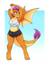 Size: 2700x3600 | Tagged: safe, alternate version, artist:ambris, imported from derpibooru, smolder, anthro, digitigrade anthro, dragon, arm behind head, barefoot, belly button, breasts, busty smolder, clothes, dragoness, eyebrows, eyelashes, fangs, feet, female, high res, lizard breasts, lizard navel, midriff, reasonably sized breasts, shorts, smiling, solo, stretching, tanktop, wings