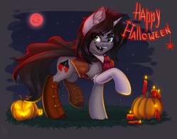 Size: 1650x1300 | Tagged: safe, artist:falafeljake, imported from derpibooru, pony, unicorn, boots, candle, cape, clothes, commission, disguise, disguised siren, fangs, halloween, holiday, horn, jack-o-lantern, kellin quinn, looking at you, male, open mouth, ponified, pumpkin, raised hoof, raised leg, shoes, sleeping with sirens, socks, stallion, ych result