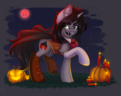 Size: 1650x1300 | Tagged: safe, alternate version, artist:falafeljake, imported from derpibooru, pony, unicorn, boots, candle, cape, clothes, commission, disguise, disguised siren, fangs, halloween, holiday, horn, jack-o-lantern, kellin quinn, looking at you, male, open mouth, ponified, pumpkin, raised hoof, raised leg, shoes, sleeping with sirens, socks, stallion, ych result