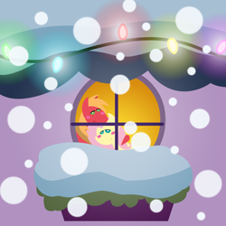 Size: 2160x2160 | Tagged: safe, anonymous artist, imported from derpibooru, big macintosh, fluttershy, earth pony, pegasus, pony, series:fm holidays, series:hearth's warming advent calendar 2021, advent calendar, blush sticker, blushing, christmas, christmas lights, female, fluttermac, fluttershy's cottage, high res, holiday, hoof on shoulder, lidded eyes, lineless, male, mare, pointy ponies, shipping, snow, snowfall, stallion, straight, window