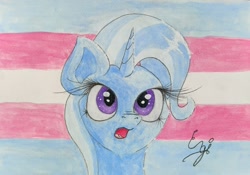 Size: 2067x1447 | Tagged: safe, artist:engi, imported from derpibooru, trixie, pony, unicorn, cute, female, looking at you, mare, open mouth, pride, pride flag, simple background, solo, traditional art, transgender pride flag, watercolor painting