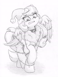 Size: 4602x6136 | Tagged: safe, artist:zemer, imported from derpibooru, oc, oc:feather belle, pegasus, pony, adorable distress, bell, bell collar, chest fluff, christmas, christmas lights, collar, cute, fluffy, hair tie, hat, holiday, monochrome, pencil drawing, raised leg, santa hat, solo, tied up, traditional art, wings