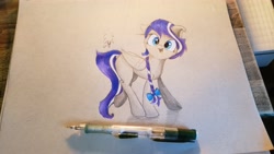 Size: 4032x2268 | Tagged: safe, artist:engi, imported from derpibooru, oc, oc:azure serenity, pegasus, pony, bow, clothes, colored pencil drawing, cute, female, full body, happy, looking at you, mare, open mouth, pegasus oc, pencil, pencil drawing, photo, simple background, smiling, solo, traditional art