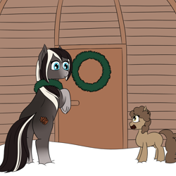 Size: 2000x2000 | Tagged: safe, artist:everfreeemergencies, oc, oc only, oc:pine ponder, pony, blaze (coat marking), duo, featured image, female, filly, mare, mouth hold, pinecone, rearing, snowpony (species), socks (coat marking), taiga pony, wreath