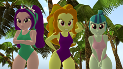 Size: 1920x1080 | Tagged: safe, artist:mr.uberrebu25, imported from derpibooru, adagio dazzle, aria blaze, sonata dusk, equestria girls, 3d, beach, beach babe, breasts, busty adagio dazzle, busty aria blaze, busty sonata dusk, clothes, green swimsuit, hand on hip, leotard, one-piece swimsuit, pink swimsuit, purple swimsuit, swimsuit