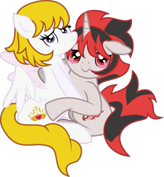 Size: 2963x3201 | Tagged: safe, artist:lincolnbrewsterfan, derpibooru exclusive, imported from derpibooru, oc, oc only, oc:zaknel, oc:zebrina, pegasus, unicorn, derpibooru community collaboration, .svg available, 2022 community collab, all is well, brother, brother and sister, crown, cute, duo, female, happy, heart, holding each other, holding onto someone, horn, hug, inkscape, jewelry, looking at you, male, mare, ocbetes, pegasus oc, purple eyes, red eyes, regalia, sibling, sibling bonding, sibling love, siblings, simple background, sister, smiling, smiling at you, stallion, stallion oc, tail, transparent background, two toned mane, two toned tail, unicorn oc, vector, wings, yellow, yellow mane, yellow tail