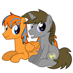 Size: 1406x1406 | Tagged: safe, artist:the smiling pony, imported from derpibooru, oc, oc only, oc:cold front, oc:disty dusk, pegasus, pony, unicorn, derpibooru community collaboration, .svg available, 2022 community collab, blue eyes, brown mane, brown tail, duo, duo male, folded wings, horn, looking at you, lying down, male, pegasus oc, prone, show accurate, simple background, sitting, smiling, smiling at you, stallion, svg, tail, transparent background, two toned mane, two toned tail, unicorn oc, vector, wings