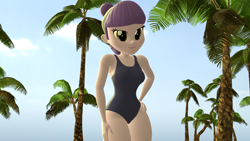Size: 1920x1080 | Tagged: safe, artist:mr.uberrebu25, imported from derpibooru, suri polomare, equestria girls, 3d, beach, beach babe, breasts, busty suri polomare, clothes, hand on hip, leotard, one-piece swimsuit, palm tree, purple swimsuit, solo, swimsuit, tree