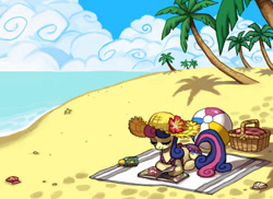 Size: 512x373 | Tagged: safe, artist:emlan, edit, bon bon, sweetie drops, earth pony, pony, basket, beach, beach ball, beach blanket, clothes, cloud, eyes closed, flower, hat, palm tree, sand, shell, smiling, solo, straw hat, sunscreen, tree, water
