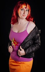 Size: 668x1080 | Tagged: safe, imported from derpibooru, sunset shimmer, human, equestria girls, bare shoulders, clothes, cosplay, costume, irl, irl human, photo, solo, tanktop
