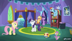 Size: 640x360 | Tagged: safe, imported from derpibooru, screencap, applejack, fluttershy, pinkie pie, rainbow dash, rarity, spike, twilight sparkle, alicorn, dragon, earth pony, pegasus, pony, unicorn, season 5, the one where pinkie pie knows, animated, applejack's hat, bed, cowboy hat, eyes closed, female, flying, gif, gifs.com, hat, mane seven, mane six, mare, open mouth, pinkie being pinkie, twilight sparkle (alicorn), twilight's castle
