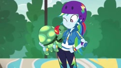 Size: 960x540 | Tagged: safe, imported from derpibooru, screencap, rainbow dash, tank, tortoise, equestria girls, duo, female, helmet, looking at each other, looking at someone, male, one eye closed, smiling, smiling at each other, wink