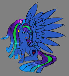 Size: 2006x2199 | Tagged: safe, artist:lefi32, imported from derpibooru, oc, oc only, oc:blue pure, alicorn, pony, blue eyes, blue fur, broken horn, colored sketch, ear piercing, earring, fluffy, gray background, green hair, high res, horn, jewelry, piercing, ponytail, purple hair, raised hoof, simple background, sitting, sketch, solo, wings