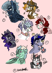 Size: 500x700 | Tagged: safe, artist:strawberrysharkie, imported from derpibooru, oc, oc only, oc:brilliant diamond, oc:cherry cox, oc:comet kicker, oc:gumball bounce, oc:pumpkin patch, oc:sleet storm, oc:thorn, diamond dog, dragon, earth pony, pegasus, pony, unicorn, bust, collar, cowboy hat, drink, drinking, ear fluff, ear piercing, earring, female, hair over eyes, hat, headphones, jewelry, levitation, magic, male, mare, nose piercing, offspring, parent:applejack, parent:big macintosh, parent:fancypants, parent:flash sentry, parent:fluttershy, parent:pinkie pie, parent:pokey pierce, parent:princess ember, parent:rainbow dash, parent:rarity, parent:soarin', parent:spike, parent:trouble shoes, parent:twilight sparkle, parents:emberspike, parents:flashlight, parents:fluttermac, parents:pokeypie, parents:raripants, parents:soarindash, parents:troublejack, piercing, pink background, simple background, stallion, straw in mouth, telekinesis, tongue out