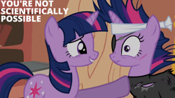 Size: 1280x720 | Tagged: safe, edit, edited screencap, editor:quoterific, imported from derpibooru, screencap, twilight sparkle, pony, unicorn, it's about time, season 2, caption, duo, duo female, eyepatch, female, future twilight, golden oaks library, hoof on chest, horn, looking at someone, mare, multicolored mane, multicolored tail, nose wrinkle, purple eyes, scrunchy face, self paradox, self ponidox, shrunken pupils, smiling, tail, text, twolight, unicorn twilight
