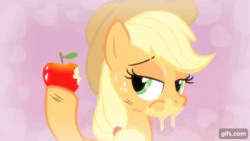 Size: 640x360 | Tagged: safe, imported from derpibooru, screencap, applejack, earth pony, pony, season 4, simple ways, animated, apple, applejack's hat, cowboy hat, eyes closed, female, food, gif, gifs.com, hat, mare, smiling, solo, you know for kids
