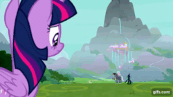 Size: 640x360 | Tagged: safe, imported from derpibooru, screencap, cozy glow, lord tirek, queen chrysalis, twilight sparkle, alicorn, centaur, changeling, pegasus, pony, taur, season 9, the ending of the end, animated, chocolate, chocolate rain, cupcake, female, filly, food, giant cupcake, gif, gifs.com, male, mare, nose in the air, open mouth, rain, twilight sparkle (alicorn)