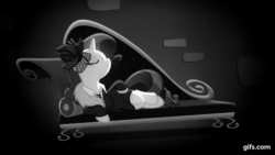 Size: 640x360 | Tagged: safe, imported from derpibooru, screencap, rarity, pony, unicorn, rarity investigates, season 5, animated, black and white, couch, draw me like one of your french girls, eyes closed, female, gif, gifs.com, grayscale, mare, monochrome, smiling, solo