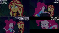 Size: 1280x720 | Tagged: safe, edit, edited screencap, editor:quoterific, imported from derpibooru, screencap, pinkie pie, sunset shimmer, equestria girls, equestria girls series, sunset's backstage pass!, spoiler:eqg series (season 2), clothes, cutie mark on clothes, female, geode of empathy, geode of sugar bombs, magical geodes, music festival outfit, night, open mouth