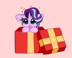 Size: 5738x4625 | Tagged: safe, artist:kittyrosie, imported from derpibooru, starlight glimmer, pony, unicorn, absurd resolution, blushing, box, christmas, cute, female, floating heart, glimmerbetes, happy, heart, heart eyes, holiday, mare, open mouth, open smile, pink background, pony in a box, simple background, smiling, solo, wingding eyes