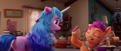 Size: 1920x804 | Tagged: safe, imported from derpibooru, screencap, izzy moonbow, sunny starscout, earth pony, pony, unicorn, spoiler:my little pony: a new generation, duo, female, g5, mare, my little pony: a new generation