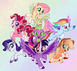 Size: 1074x995 | Tagged: safe, artist:s0ftserve, imported from derpibooru, applejack, fluttershy, pinkie pie, rainbow dash, rarity, spike, twilight sparkle, alicorn, dragon, earth pony, pegasus, pony, unicorn, my little pony: the movie, alternate design, clothes, colored hooves, female, male, mane seven, mane six, mare, smiling, spread wings, stock vector, twilight sparkle (alicorn), wings