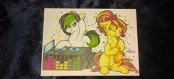 Size: 4640x2088 | Tagged: safe, artist:julunis14, imported from derpibooru, oc, oc only, oc:degrano, oc:jessy melody, earth pony, pony, dj table, headphones, musical instrument, photo, record player, saxophone, traditional art